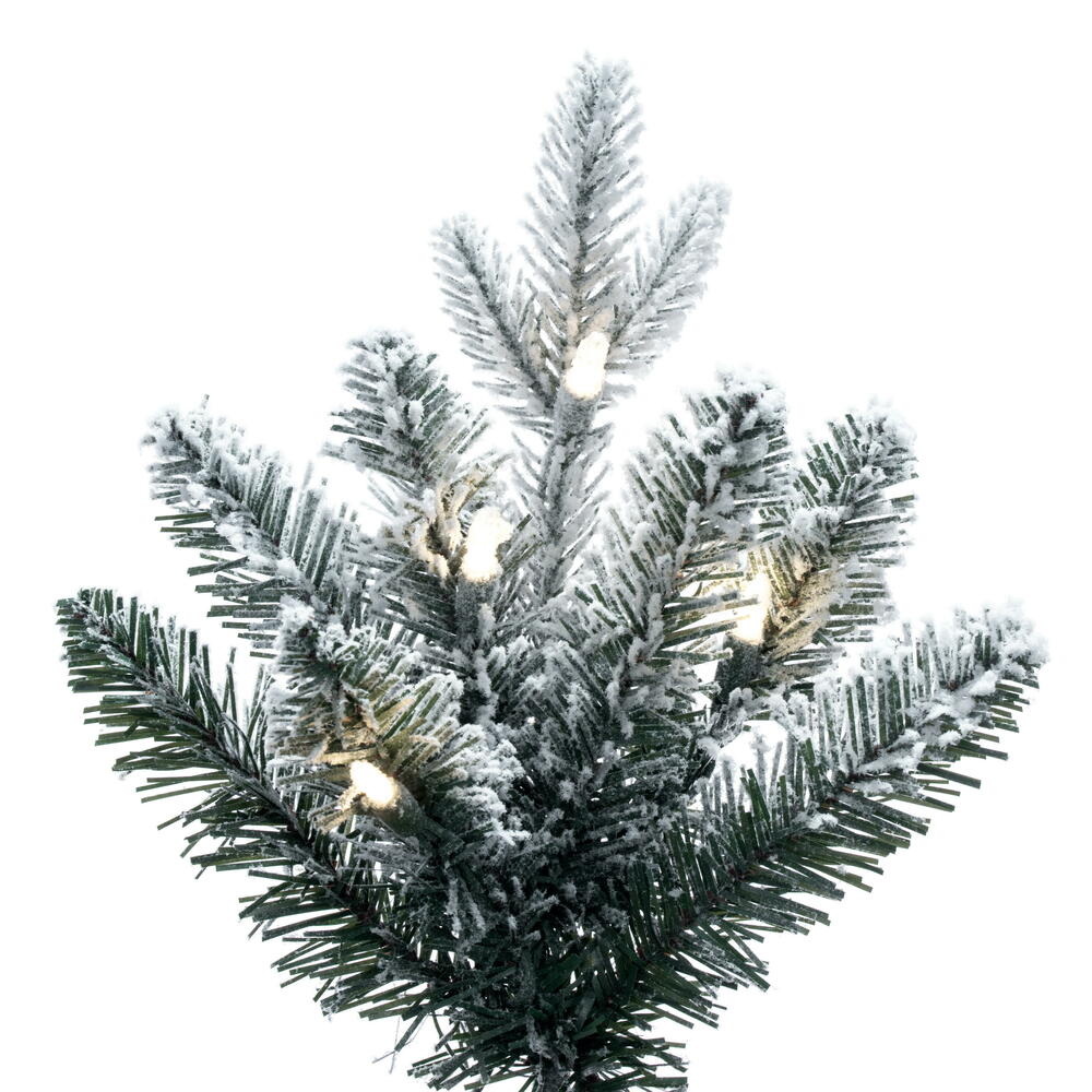 Vickerman 6' x 39" Frosted Potted Spruce Artificial Full Pre-lit Christmas Tree with 200 Dura-Lit® Warm White LED Mini Lights. It measures 78 inches tall and 39 inches wide, which is considered a slim profile. This tree boasts 811 tips for a realistic loo