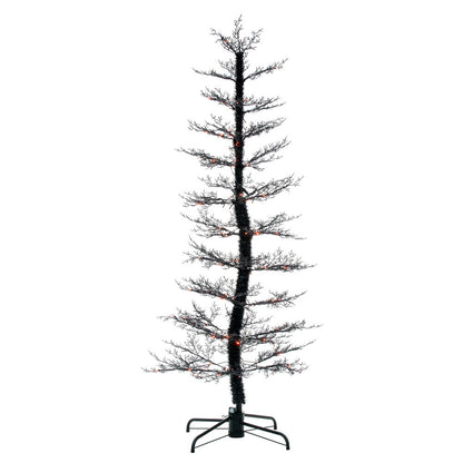 Vickerman 7' x 38" Black Cedar Pre-lit Halloween Tree with 170 Orange and Purple Lights. This tree measures 7 feet tall and 38 inches wide. It comes with a black metal folding stand. It is pre-lit with 170 multi function 2MM lights. The light functions ar