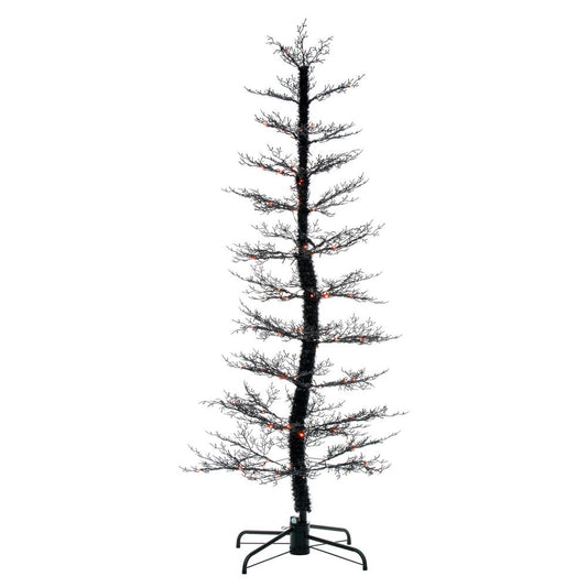 Vickerman 7' x 38" Black Cedar Pre-lit Halloween Tree with 170 Orange and Purple Lights. This tree measures 7 feet tall and 38 inches wide. It comes with a black metal folding stand. It is pre-lit with 170 multi function 2MM lights. The light functions ar