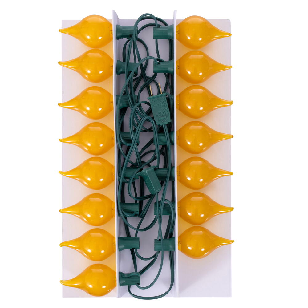 Vickerman 15 lights x 15' Amber LED G45 Glass Flame Tip light set. 6" spacing on green wire.