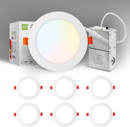 ASD Lighting LED Round Recessed Mini Panel Gimbal Airtight 6" 15W 120V Dimmable CCT Selectable 2700/3000/3500/4000/5000K White UL 6pack