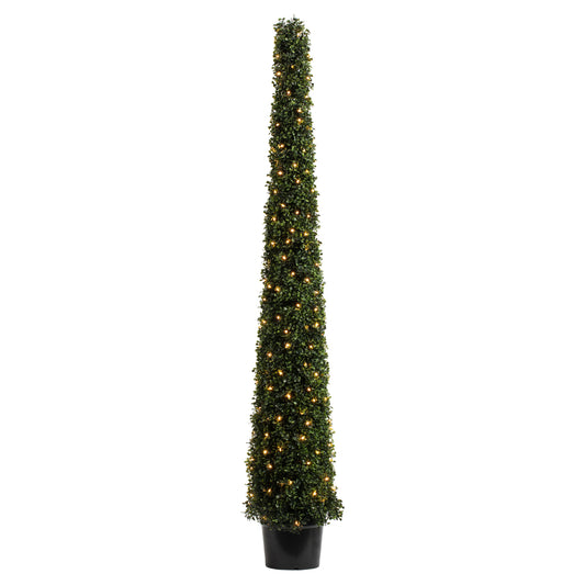 Vickerman 6' Potted Artificial Boxwood Cone with 200 Warm White LED Lghts.