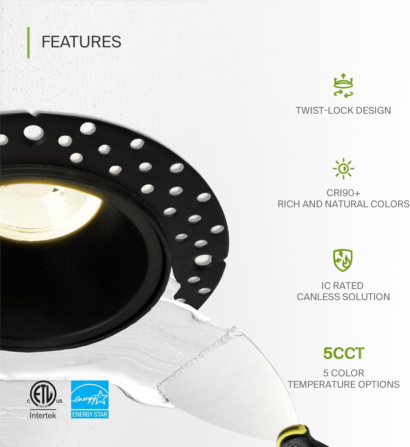 ASD Lighting LED Trimless Downlight Round 2inch 15W 120V Triac 2700/3000/3500/4000/5000K Black ETL Energy Star