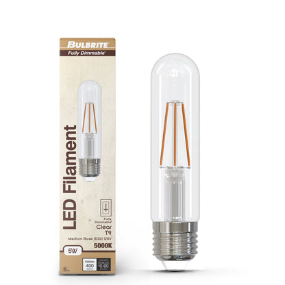 Bulbrite 862104 LED Filament Pack of (4) 5 Watt Dimmable T9 5” Light Bulb with Clear Glass Finish and Medium (E26) Base - 5000K (Soft Daylight Light), 400 Lumens