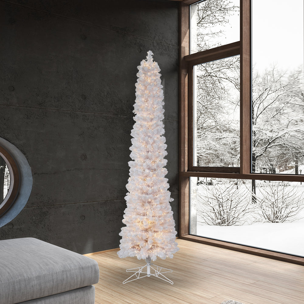 Vickerman 7.5' x 24" White Pencil Artificial Christmas Tree Warm White 8 function 3MM LED Lights