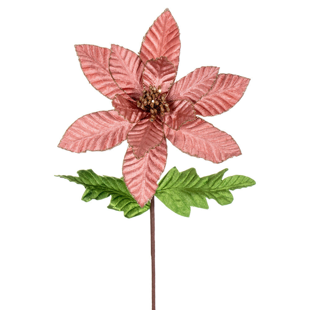 Vickerman 22" Rose Gold Velvet Glitter Trim Poinsettia 6 per bag.