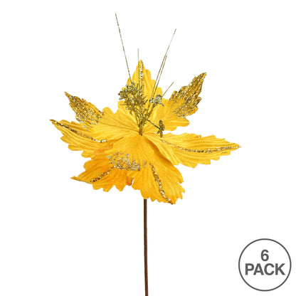 Vickerman 12" x 16" Gold Poinsettia Artificial Christmas Spray. Includes 6 sprays per pack.