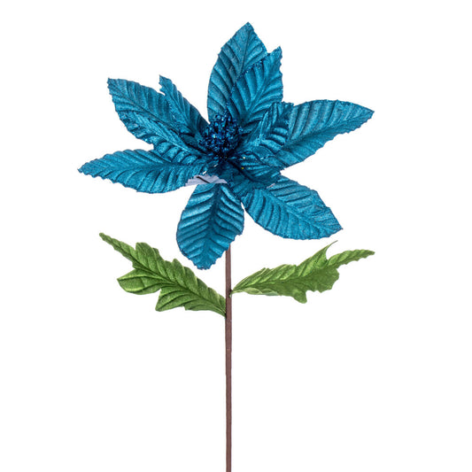 Vickerman 22" Turquoise Velvet Glitter Trim Poinsettia 6 per bag.