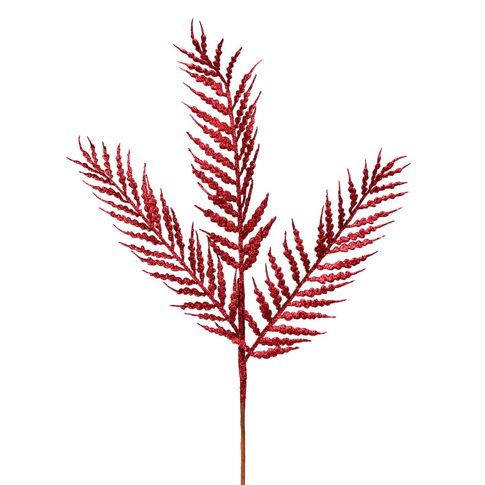 Vickerman 21" Burgundy Glitter Feather Fern Artificial Christmas Spray. Includes 12 sprays per pack.