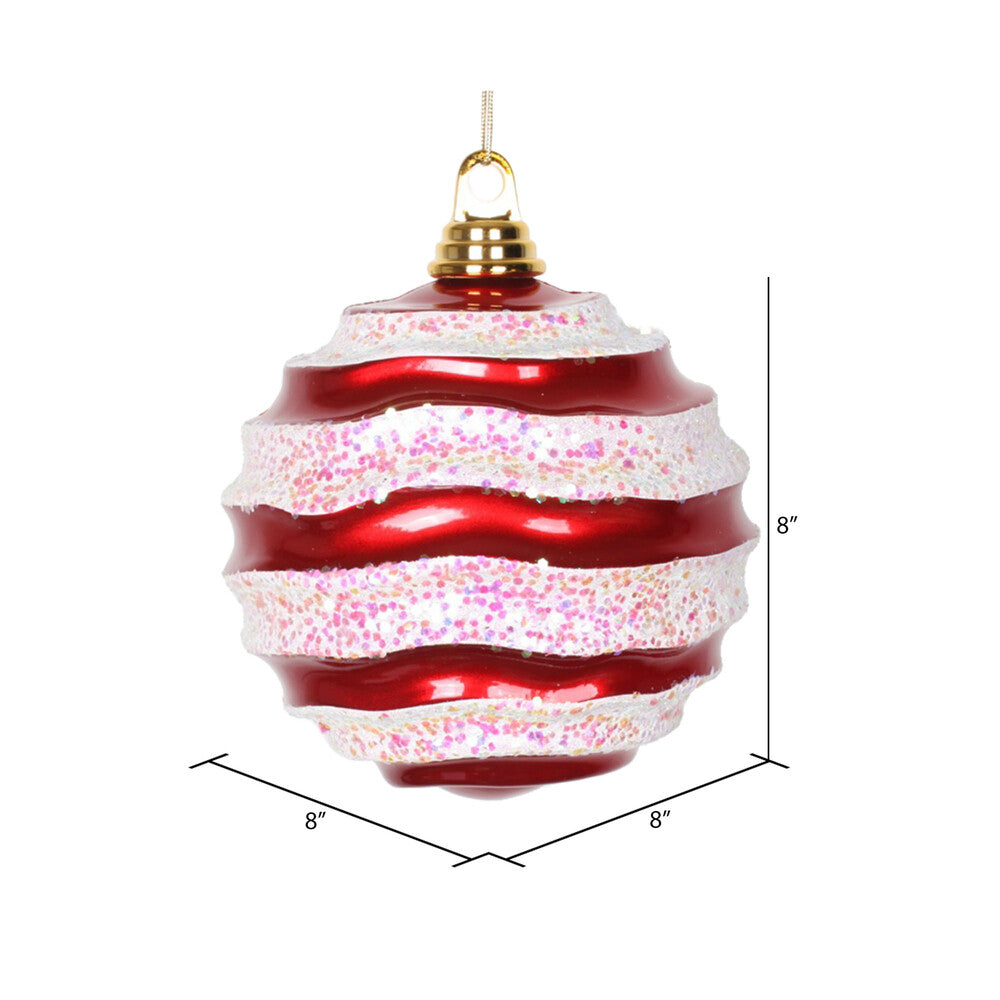 Vickerman 8' Red and White Stripe Candy Finish Wave Ball Christmas Ornament with Glitter Accents