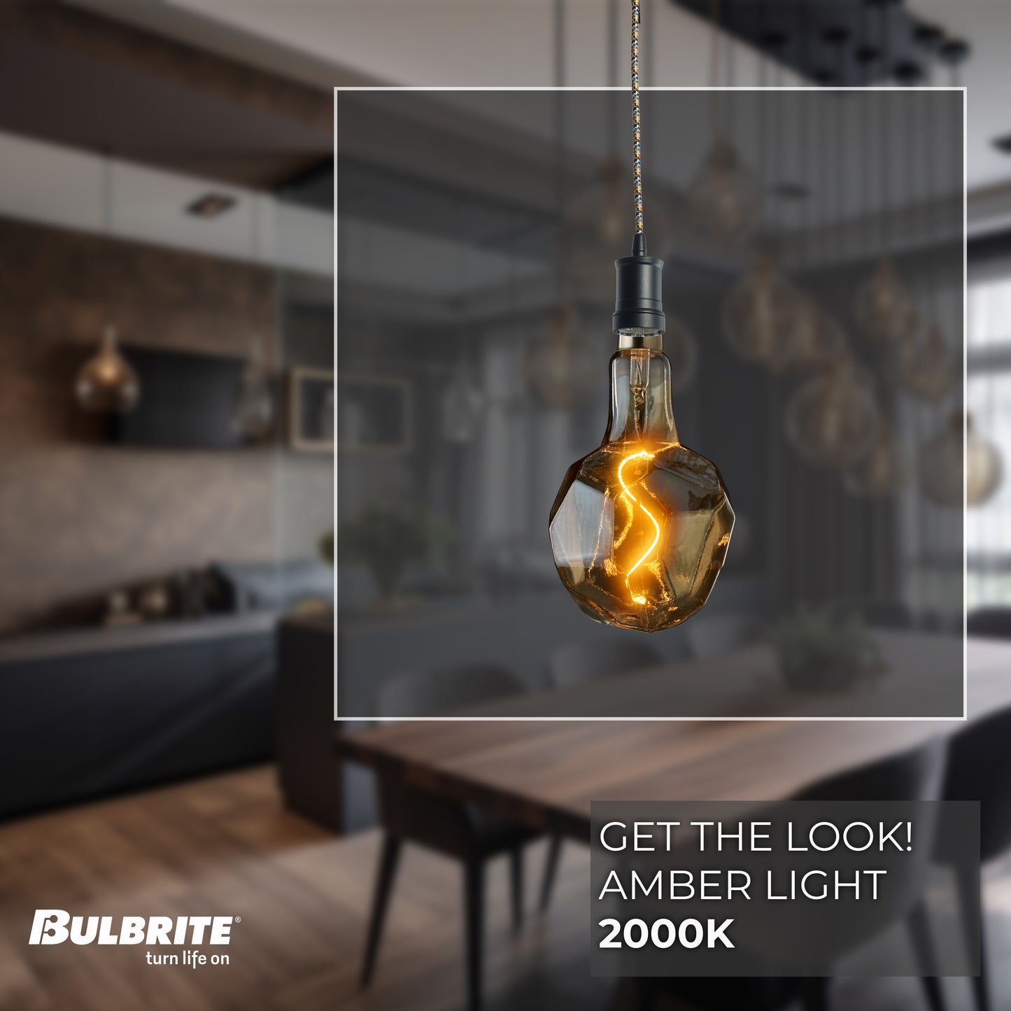 Bulbrite LED Grand Bulb and Pendant Kit of (1) 4 Watt Antique Glass 12" Jewel Shaped Bulb and (1) Black Open Socket Pendant on Multicolor Fabric Braided Cord - 2000K (Amber Light)