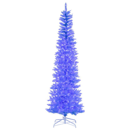 Vickerman 6.5' x 28" Sky Blue Pencil Artificial Pre-Lit Christmas Tree with 400 Dura-Lit® Blue LED Mini Lights. It measures 78 inches tall, and 28 inches wide, which is considered a pencil profile. This tree boasts 712 tips for a realistic look. Pre-lit w