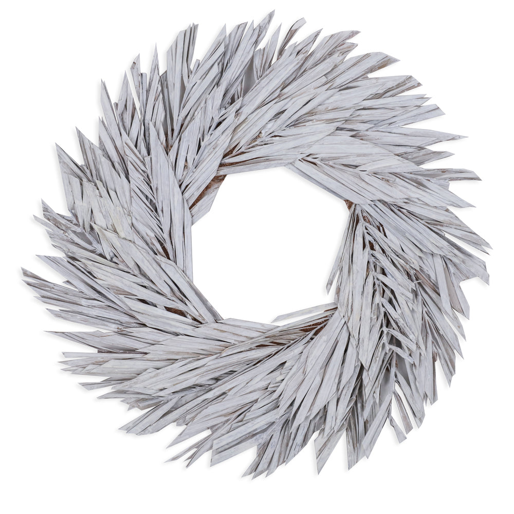 Vickerman Natural Botanicals 17" White Washed Canna Leaf Wreath.  This wreath measures 17 inches in diameter. It features white washed canna leaves on a coco fiber base. This is a dried and preserved natural product.