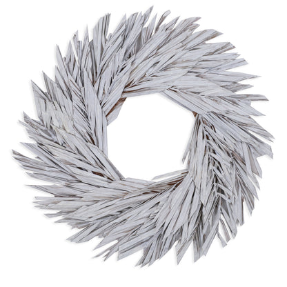 Vickerman Natural Botanicals 17" White Washed Canna Leaf Wreath.  This wreath measures 17 inches in diameter. It features white washed canna leaves on a coco fiber base. This is a dried and preserved natural product.