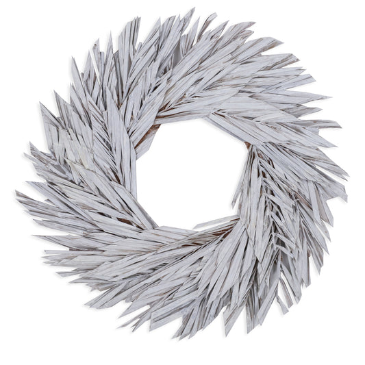 Vickerman Natural Botanicals 17" White Washed Canna Leaf Wreath.  This wreath measures 17 inches in diameter. It features white washed canna leaves on a coco fiber base. This is a dried and preserved natural product.
