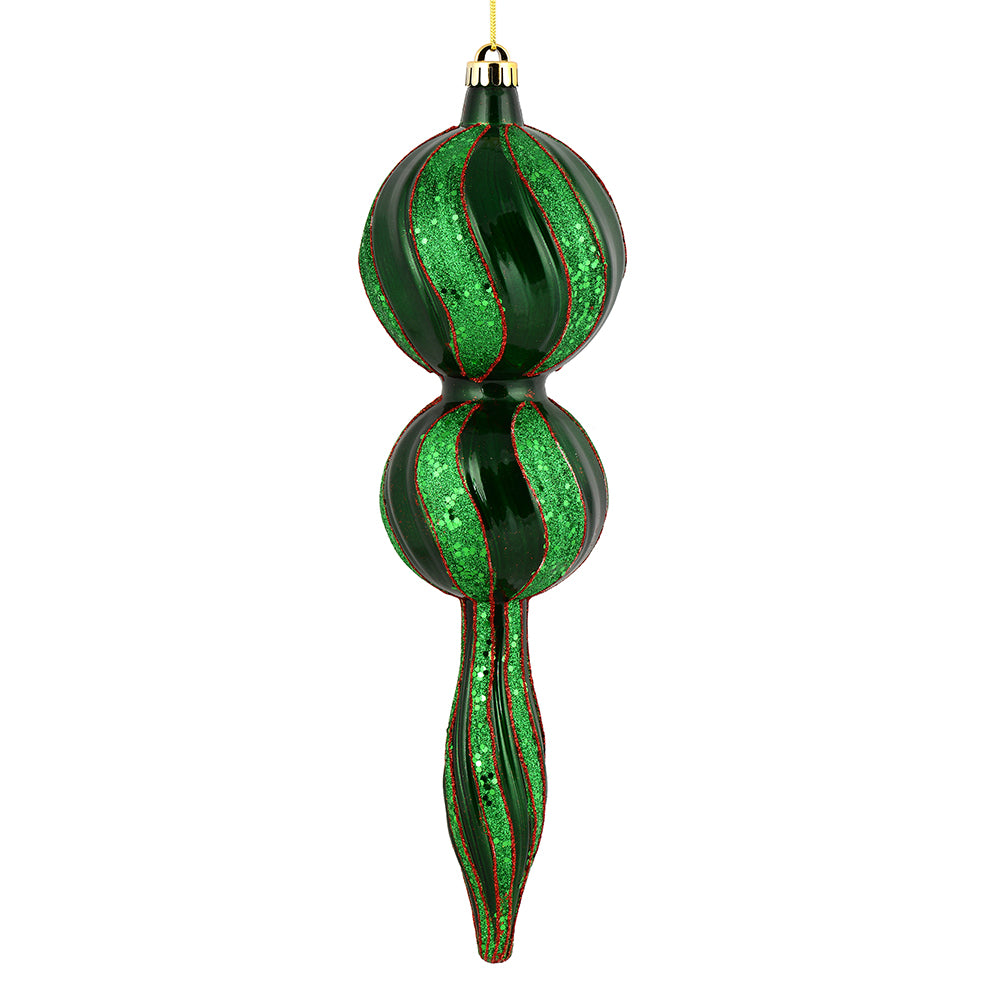 Vickerman 16.5" Green Candy Glitter Finial. Create a beautiful holiday arrangement with this large Candy finial that features glitter accents. Made with shatterproof plastic. Ornament has a drilled cap secured with green floral wire.