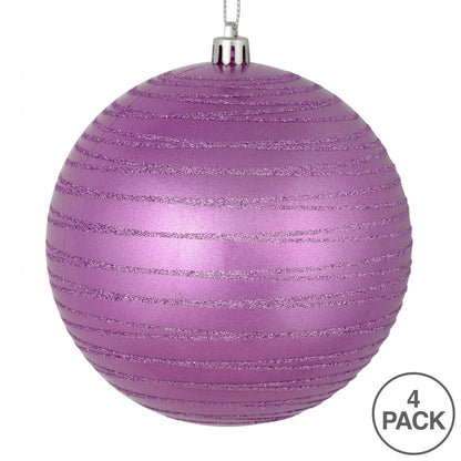 Vickerman 4" Orchid Candy Finish Ball Ornament with Glitter Lines 4 per Bag