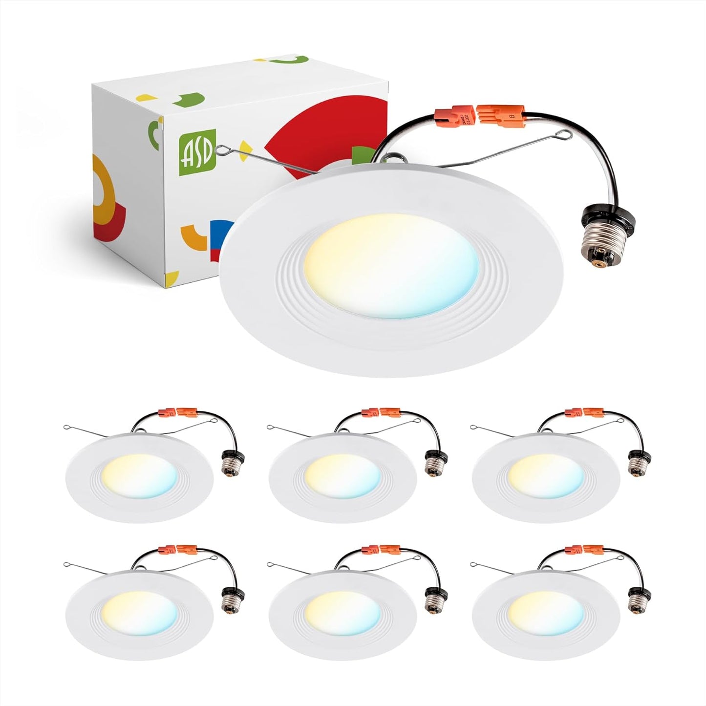 ASD Lighting LED Round Downlight Retrofit Kit 5'' and 6" 12W 120V CCT Selectable 2700/3000/3500/4000/5000K Dimmable PC, Baffle Trim, White UL 6pack