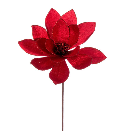 Vickerman 22" Red Velvet Sheen Glitter Trim Poinsettia Stem 4 per bag.