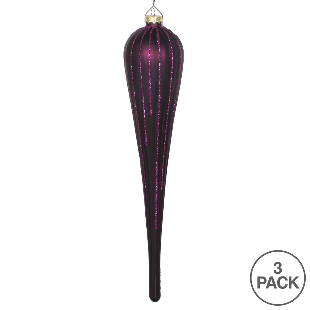 Vickerman 11" Plum Matte Glitter Drop Christmas Ornament Set of 3