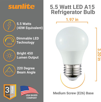 Sunlite 41564-SU LED A15 Refrigerator Light Bulb, 5.5 Watts (40W Equivalent), 450 Lumens, Medium Base (E26), Dimmable, Frosted Finish, UL Listed, Energy Star, 27K - Warm White, 6 Pack