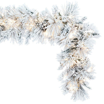 Vickerman 9' x 14" Flocked Atka Artificial Christmas Garland Warm White LED lights.