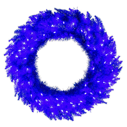 Vickerman 30" Blue Artificial Pre-Lit Wreath with 100 Warm White LED Mini Lights, 260 PVC Tips