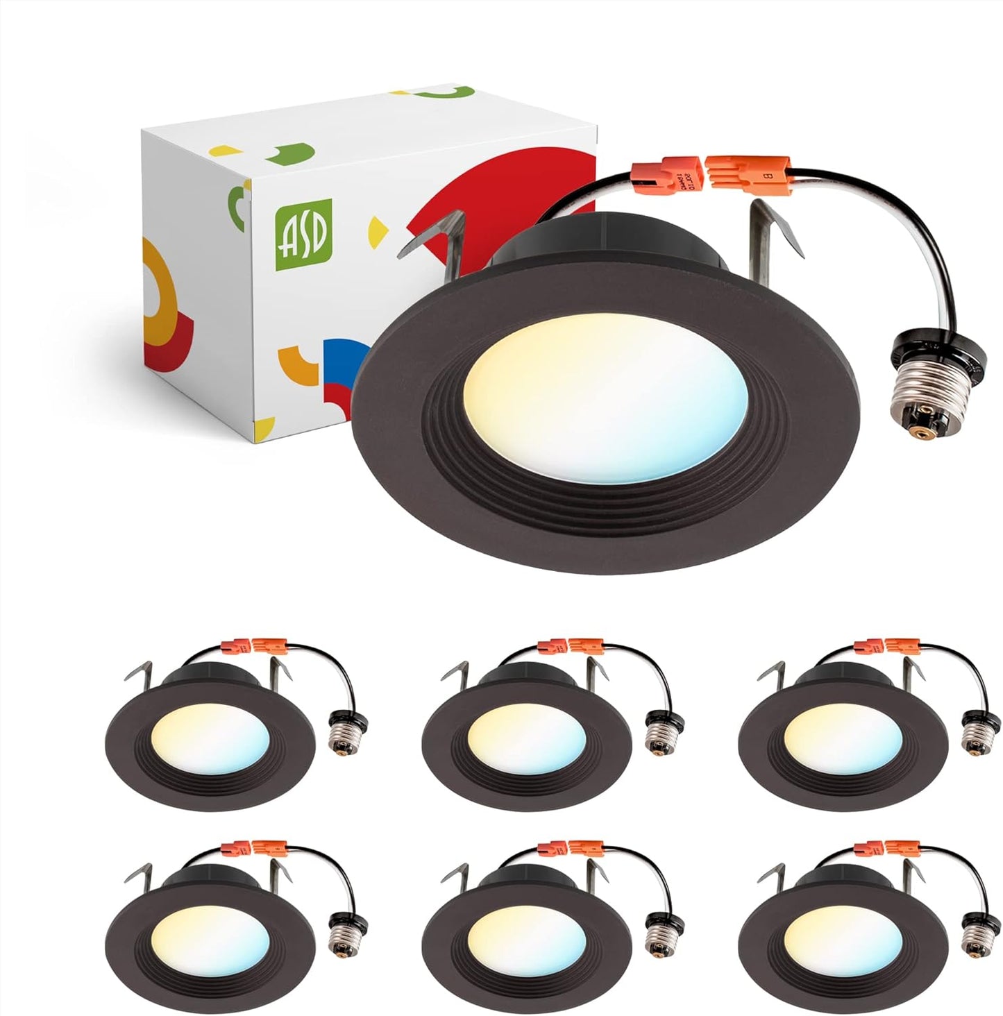 ASD Lighting LED Round Downlight Retrofit Kit 4" 8.6W 120V CCT Selectable 2700/3000/3500/4000/5000K Dimmable PC, Baffle Trim, Oil Rubbed Bronze UL 6pack