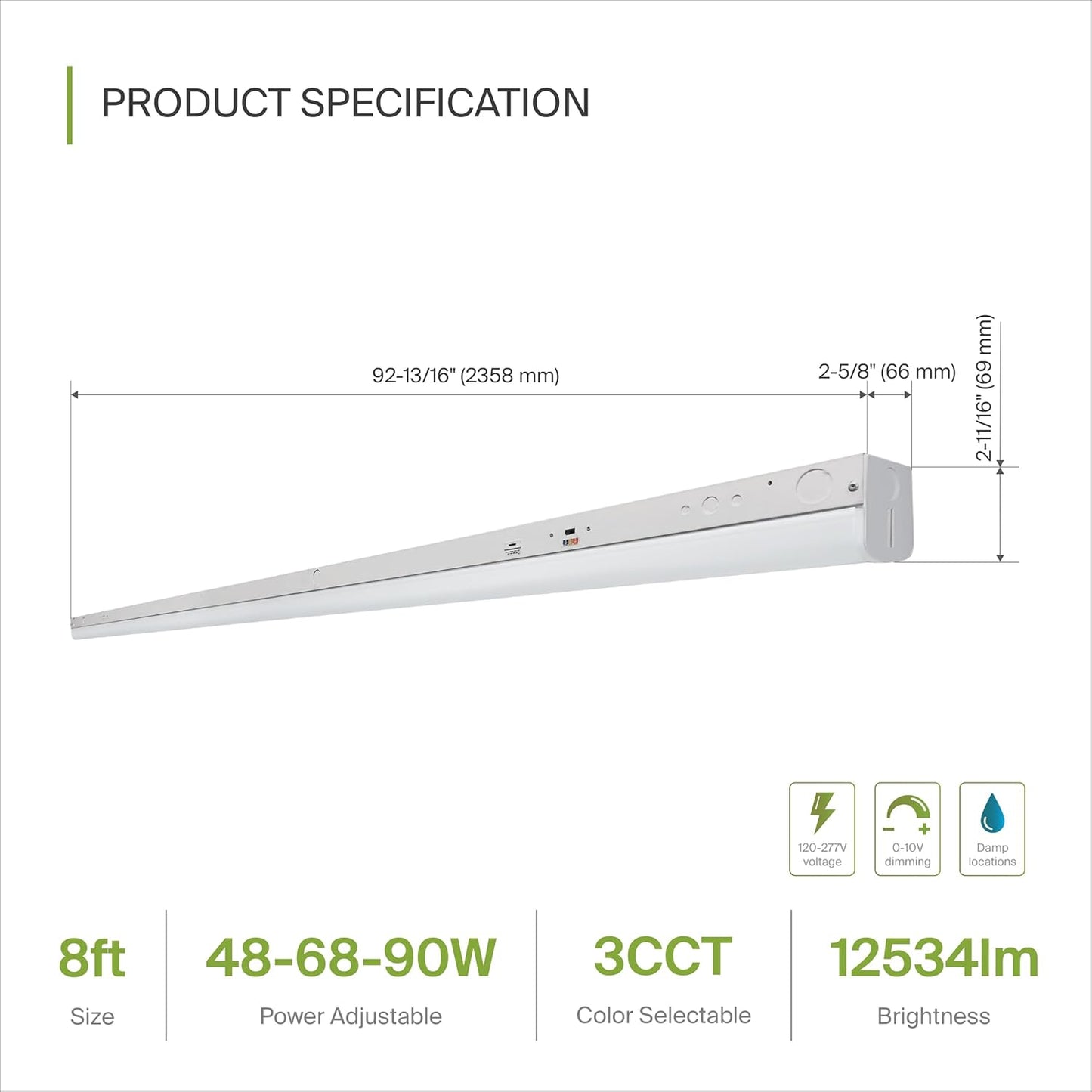 ASD Lighting LED Striplight Fixture 8ft 48/68/90W 120-277V 0-10V Dimmable 140Lm/W 3500/4000/5000K White UL DLC Standard