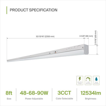 ASD Lighting LED Striplight Fixture 8ft 48/68/90W 120-277V 0-10V Dimmable 140Lm/W 3500/4000/5000K White UL DLC Standard