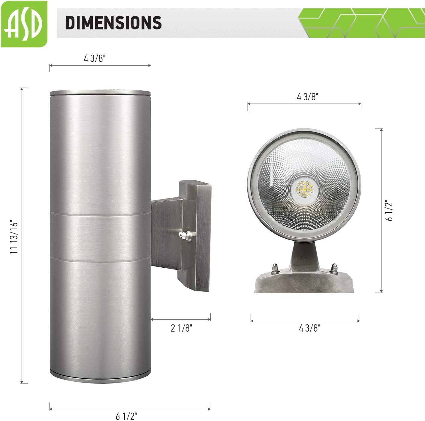 ASD Lighting LED Round Outdoor Wall Cylinder Up and Down 18W 3000K Stainless Steel cETLus