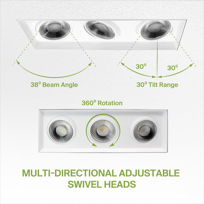 ASD Lighting LED Trimless Combo Downlight 3 heads 3.5inch 45W 120V Triac 2700/3000/3500/4000/5000K White ETL