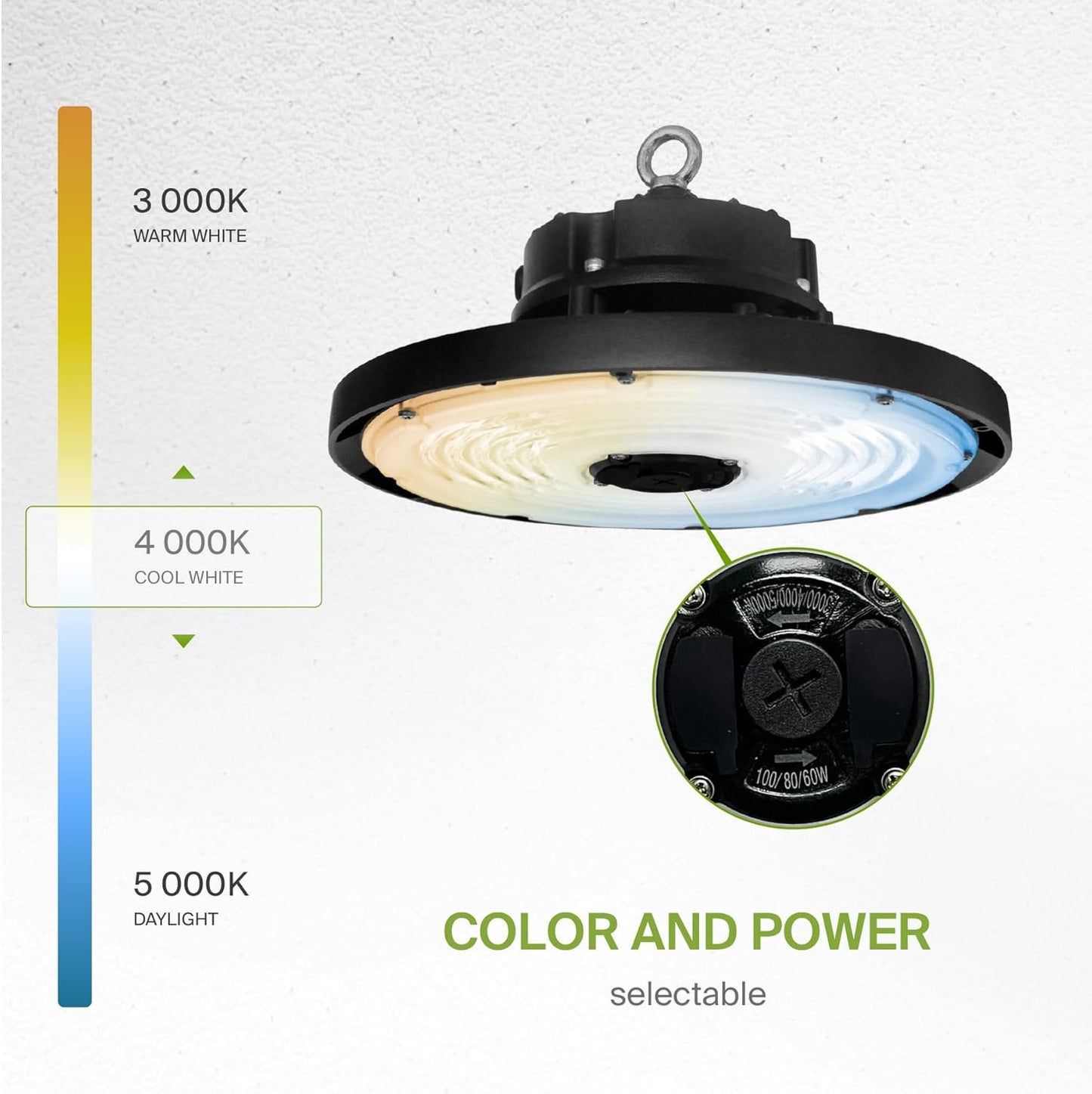 ASD Lighting Q-base LED UFO High Bay Power Adjustable 100/120/150W and CCT Selectable 3000/4000/5000K Dimmable Black UL DLC Premium