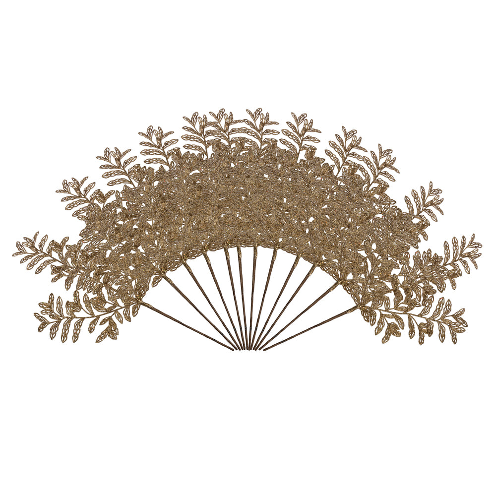 Vickerman 22" Gold Bipinnate Glitter Leaf Artificial Christmas Spray. Includes 12 sprays per pack.