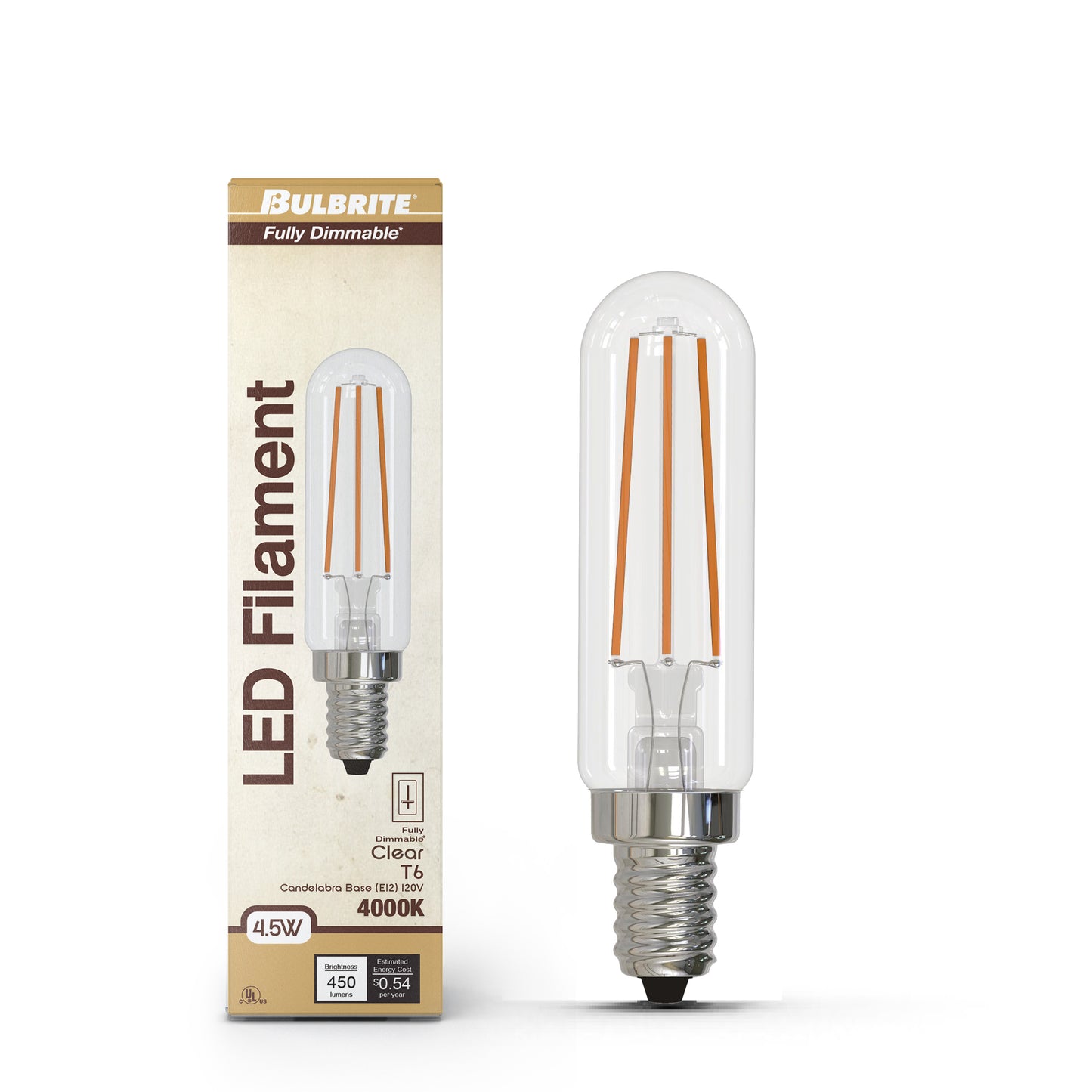 Bulbrite 862106 LED Filament Pack of (4) 4.5 Watt Dimmable T6 Light Bulb with Clear Glass Finish and Candelabra (E12) Base - 4000K (Cool White Light), 450 Lumens