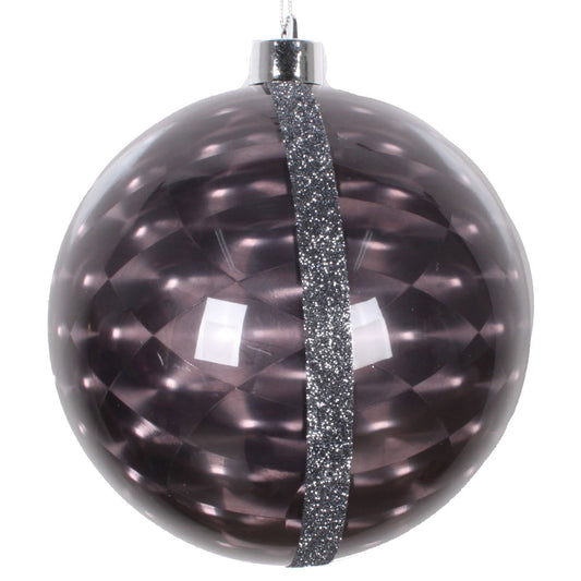 Vickerman 6" Black Glitter Reflector Ornament 2/Bag. These ornaments feature a reflective effect with a glitter stripe accent. They are the perfect addition to any holiday decorating project. Includes 2 pieces per pack.