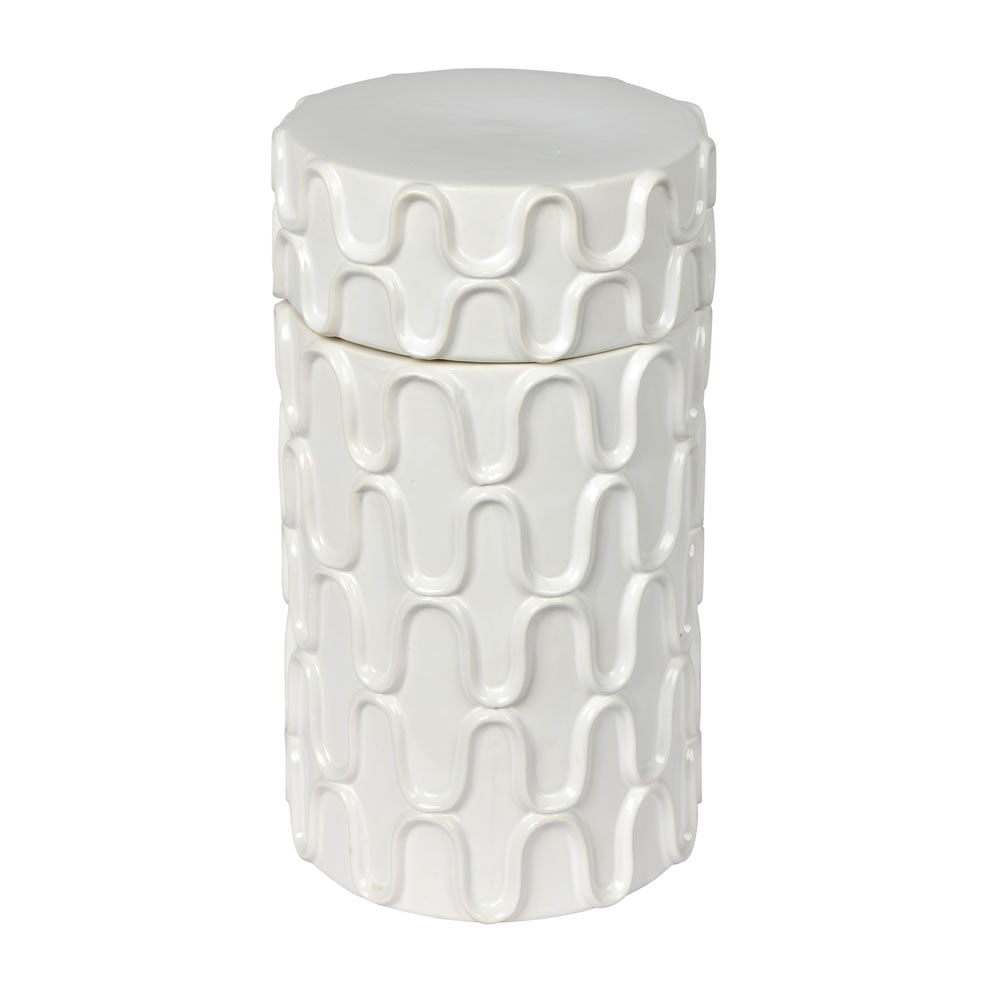 Vickerman 12" White Ceramic Container with Lid. This versatile container can pair with faux floral stems or stand as a simple decorative piece with the lid. It measures 12" H x 6.5" W.   100% CERAMIC