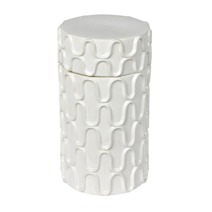 Vickerman 12" White Ceramic Container with Lid. This versatile container can pair with faux floral stems or stand as a simple decorative piece with the lid. It measures 12" H x 6.5" W.   100% CERAMIC