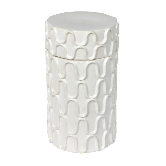 Vickerman 12" White Ceramic Container with Lid. This versatile container can pair with faux floral stems or stand as a simple decorative piece with the lid. It measures 12" H x 6.5" W.   100% CERAMIC
