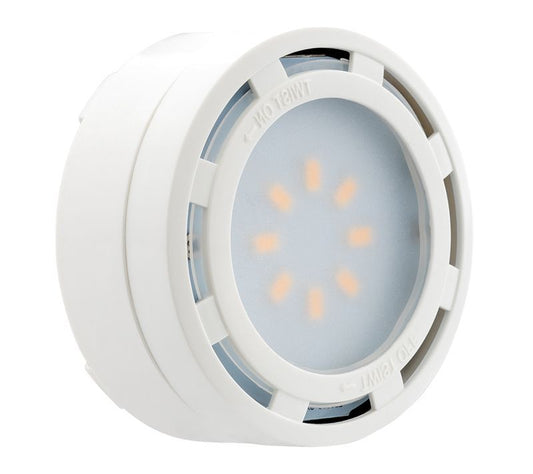 Westgate 3 LED Puck Ltg 12W (24LED Chips), 825 Lumens, Plastic, 120V, 2 5/8"X1 13/16", Whitle, SurFace Or ..., Undercabinet Lighting, 3 X 4W, 3 X 275 Lumens, 3000K