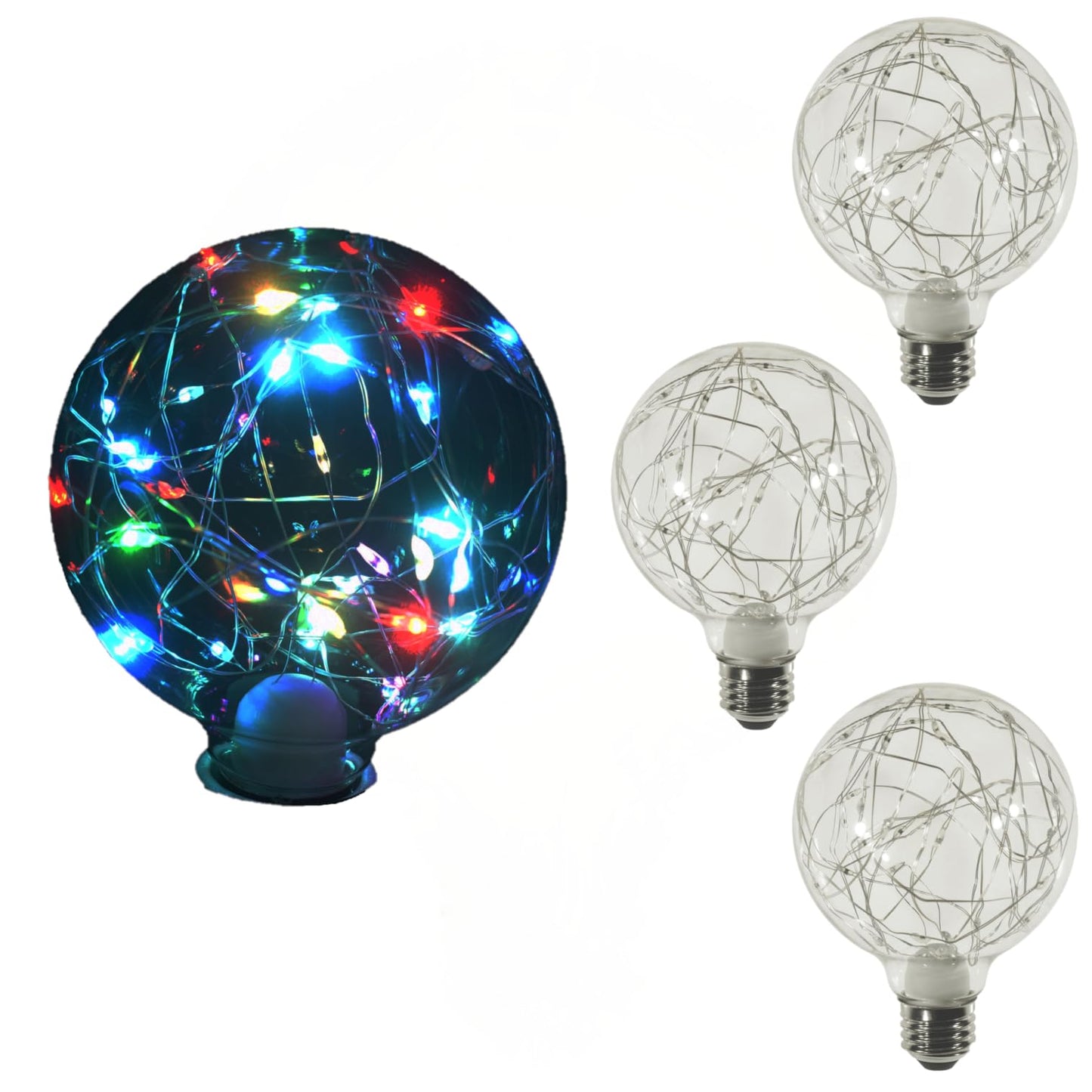 Damar- G30 LED Globe String Light Bulbs Decorative Twinkle Red Green Blue (RGB) Fairy-Lights Glow 2W E26 Medium Base 110-130V Pack of 4- Christmas Round Clear Ball Light for Patio Backyard Bedroom