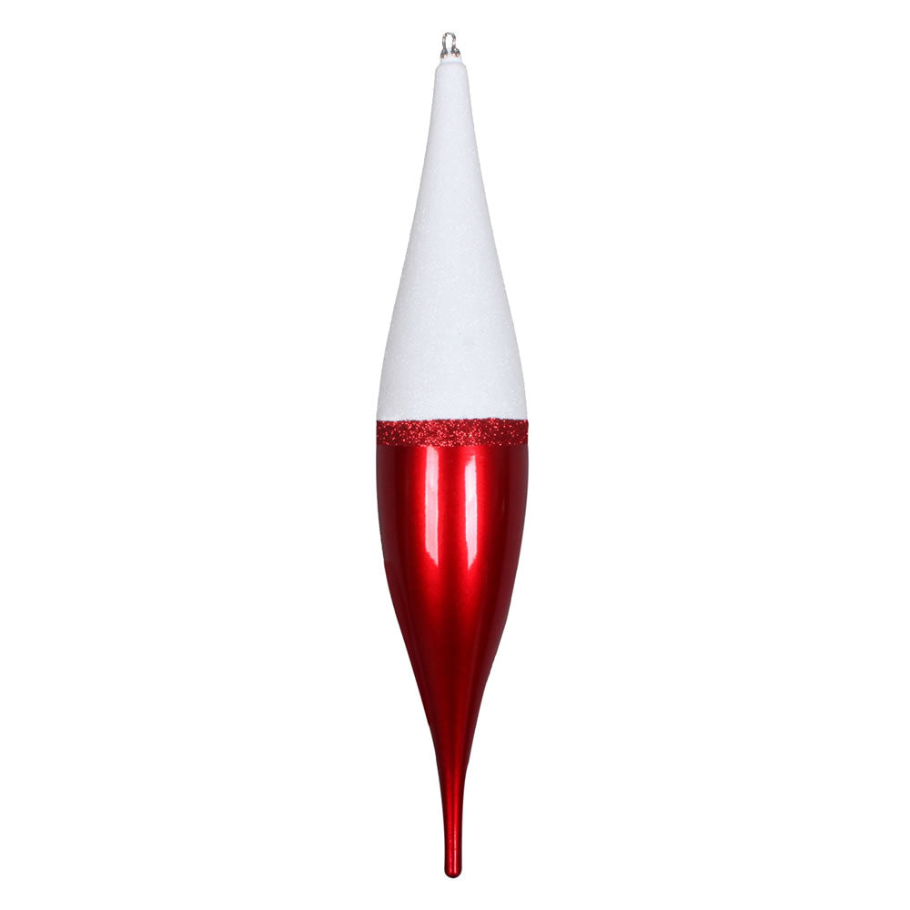 Vickerman 22" Red Candy/White Glitter Finial. This ornament features a white glitter top a stripe of red glitter and a candy finish bottom. Made of shatterproof plastic.