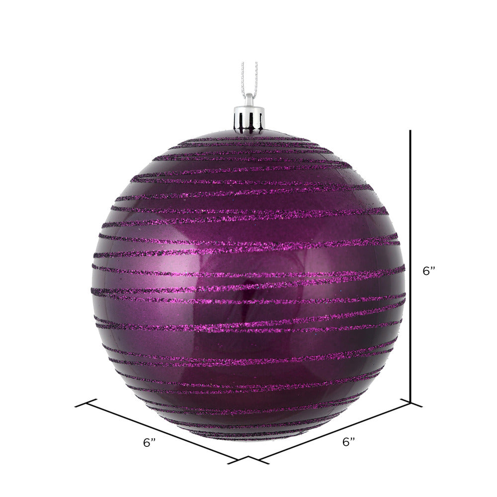 Vickerman 6" Plum Candy Finish Ball Ornament with Glitter Lines 3 per Bag