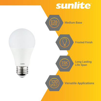 Sunlite 70323 3-Way LED A19 Light Bulb, 5/9/15 Watts (40W 60W 100W Equivalent), 500-1000-1600 Lumens, Medium E26 Base, Omni-Directional, ETL Listed, Frost, 3000K Warm White, 6 Count
