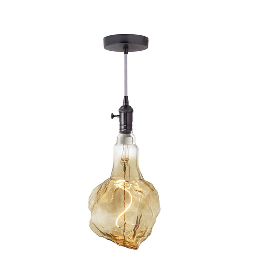 Bulbrite LED Grand Bulb and Pendant Kit of (1) 4 Watt Antique Glass 13" Glacier Shaped Bulb and (1) Gunmetal Black Open Socket Pendant on Silver Fabric Braided Cord - 2000K (Amber Light)