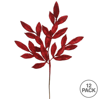 Vickerman 22" Red Glitter BayLeaf Artificial Spray. Includes 12 sprays per pack.