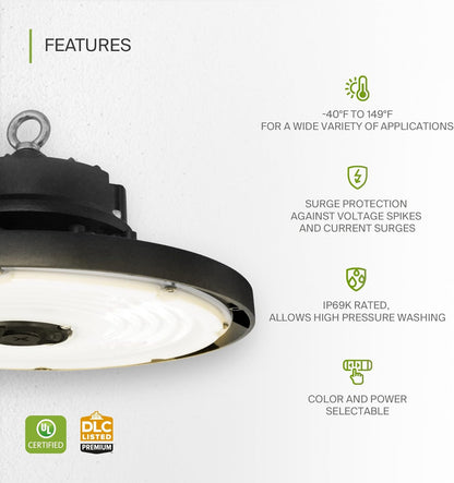 ASD Lighting Q-base LED UFO High Bay Power Adjustable 100/120/150W and CCT Selectable 3000/4000/5000K Dimmable Black UL DLC Premium