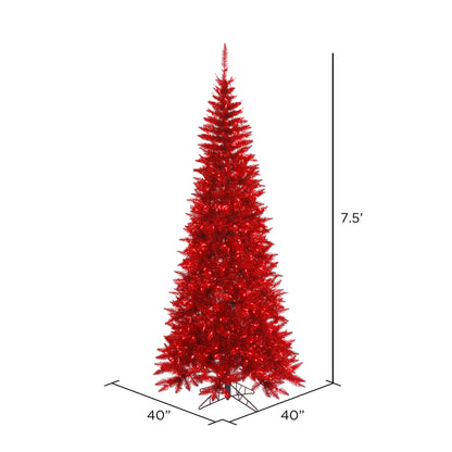 Vickerman 7.5' Tinsel Red Fir Slim Artificial Christmas Tree Red  Dura-lit LED Lights