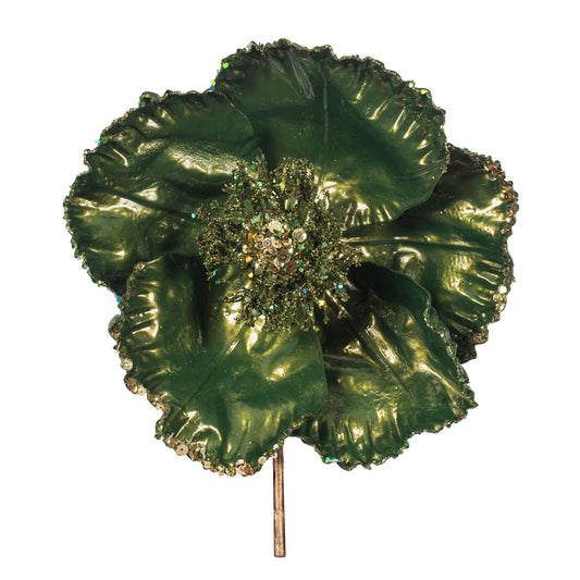 Vickerman 14" Artificial Green Pearl Glitter Poppy 8" Flower Head 3/Bag. This flower features eye-catching glitter accents that will take your decorating project to the next level. Includes 3 pieces per bag.