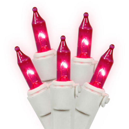 Vickerman 100 Pink Light on White Wire 46' Christmas Light Strand